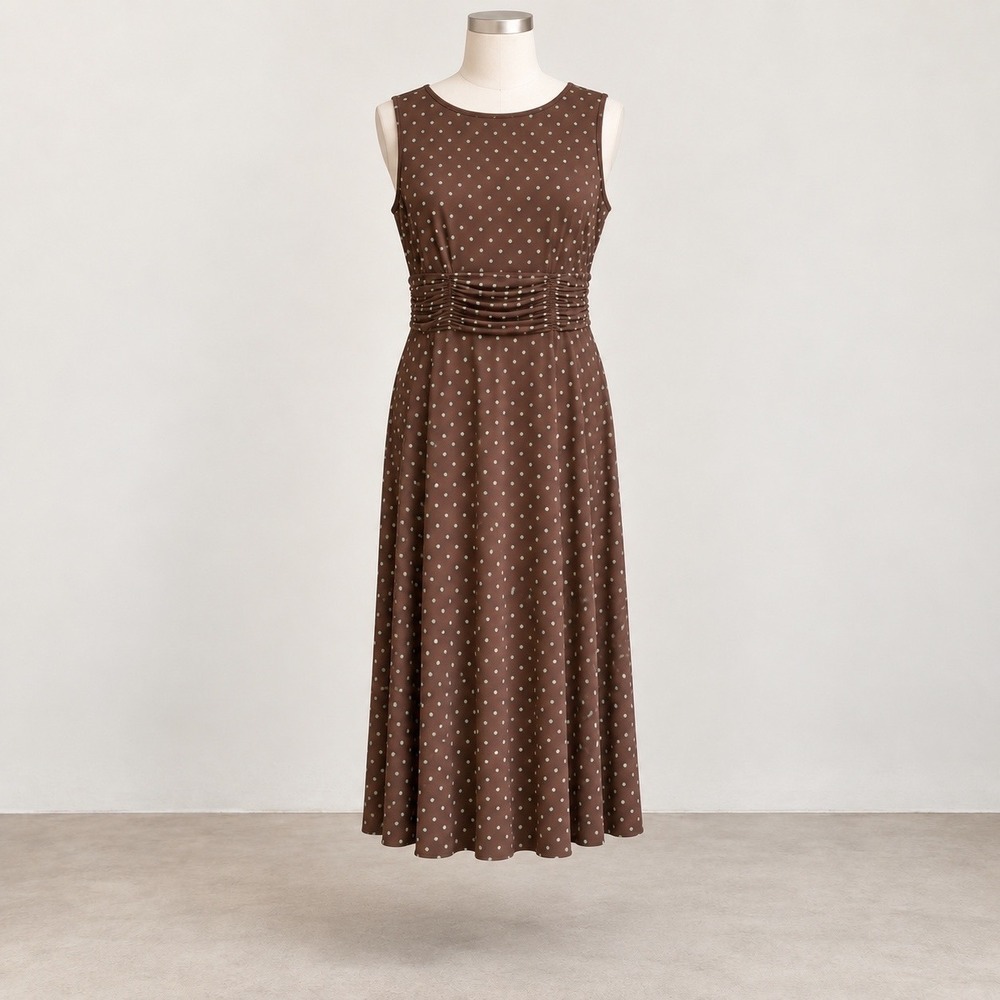 Jessica Howard Dress Women's 12 Brown Green Polka Dot Ruched Waist Midi